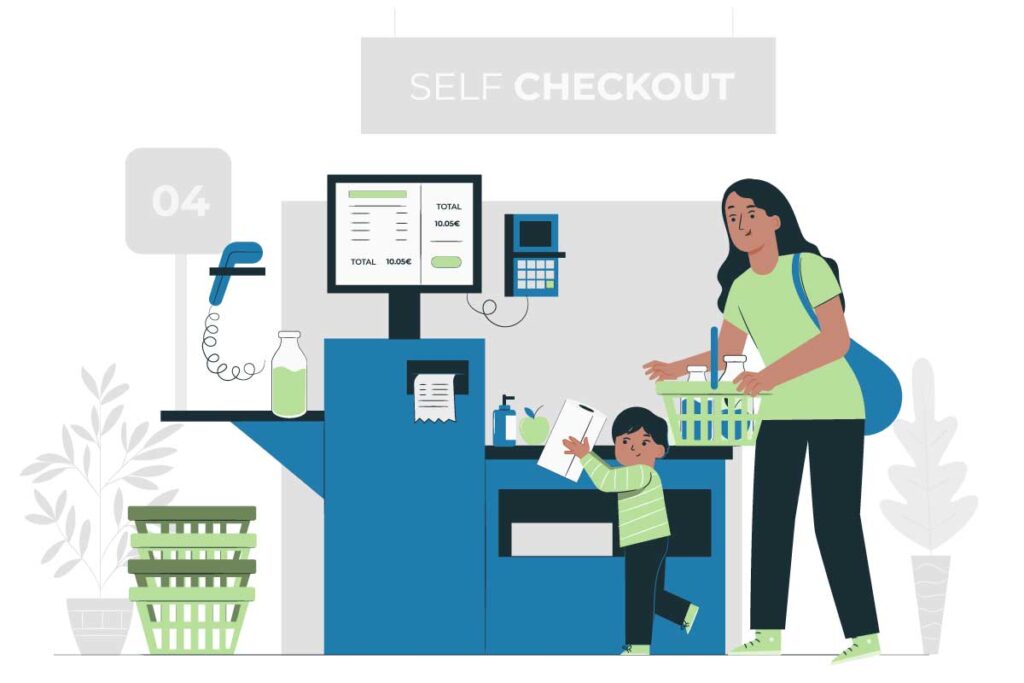 Human cashiers are being replaced by machines & self-checkout kiosks. A mother and child using a self-checkout machine at the supermarket.