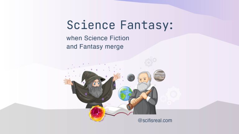 Science Fantasy: when-Science Fiction and Fantasy merge. Illustration of a mage doing spells with a fireball and a scholar astronomer scientist holding a telescope