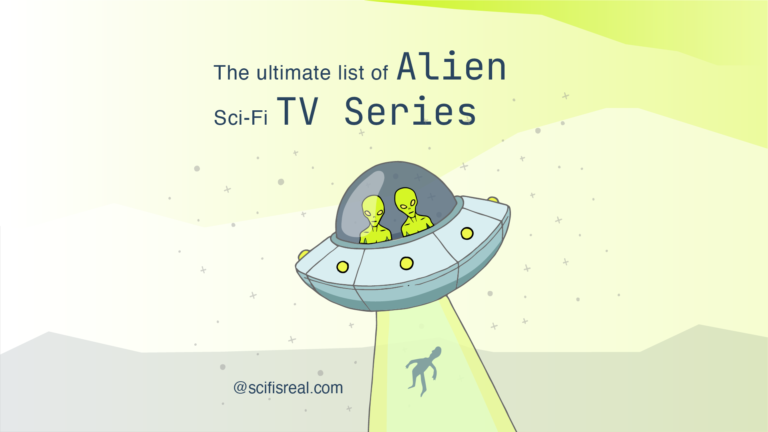 The ultimate list of Alien Sci-Fi TV Series. Illustration of two lime-green aliens in a UFO abducting a human figure