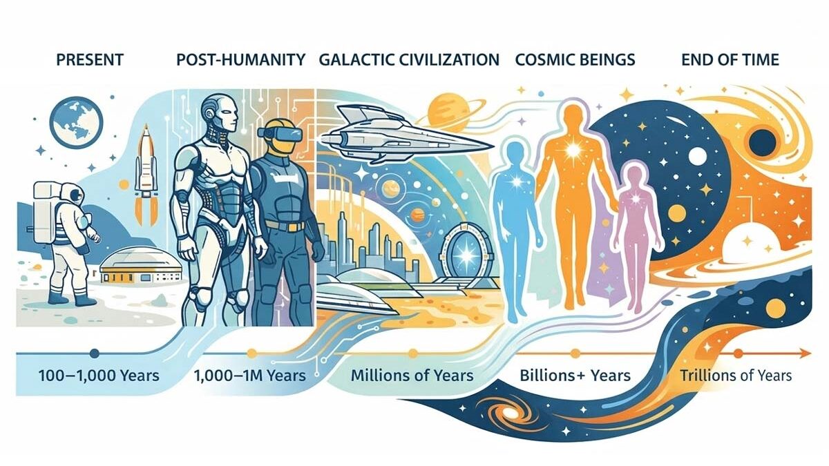 The far-future progression of humanity evolving visually from Earth-bound humans to energy-based cosmic intelligences, a sci-fi evolution map.” 